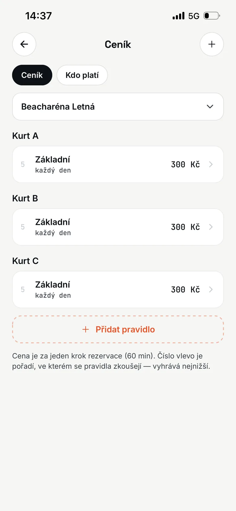 Ceník s pravidly pro jednotlivé kurty a cenou za hodinu