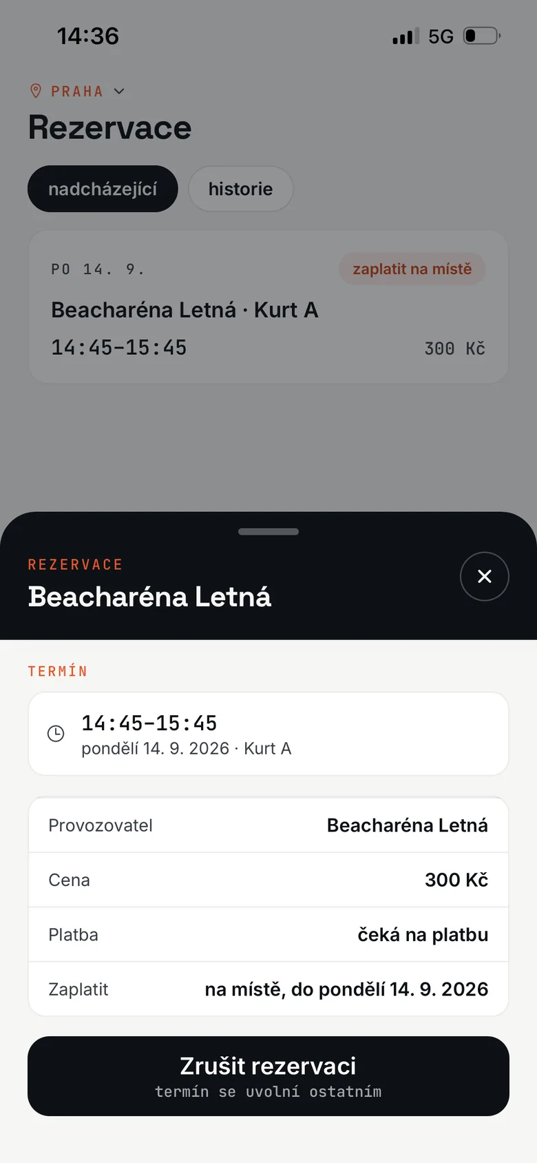Detail rezervace s cenou, stavem platby a možností zrušení