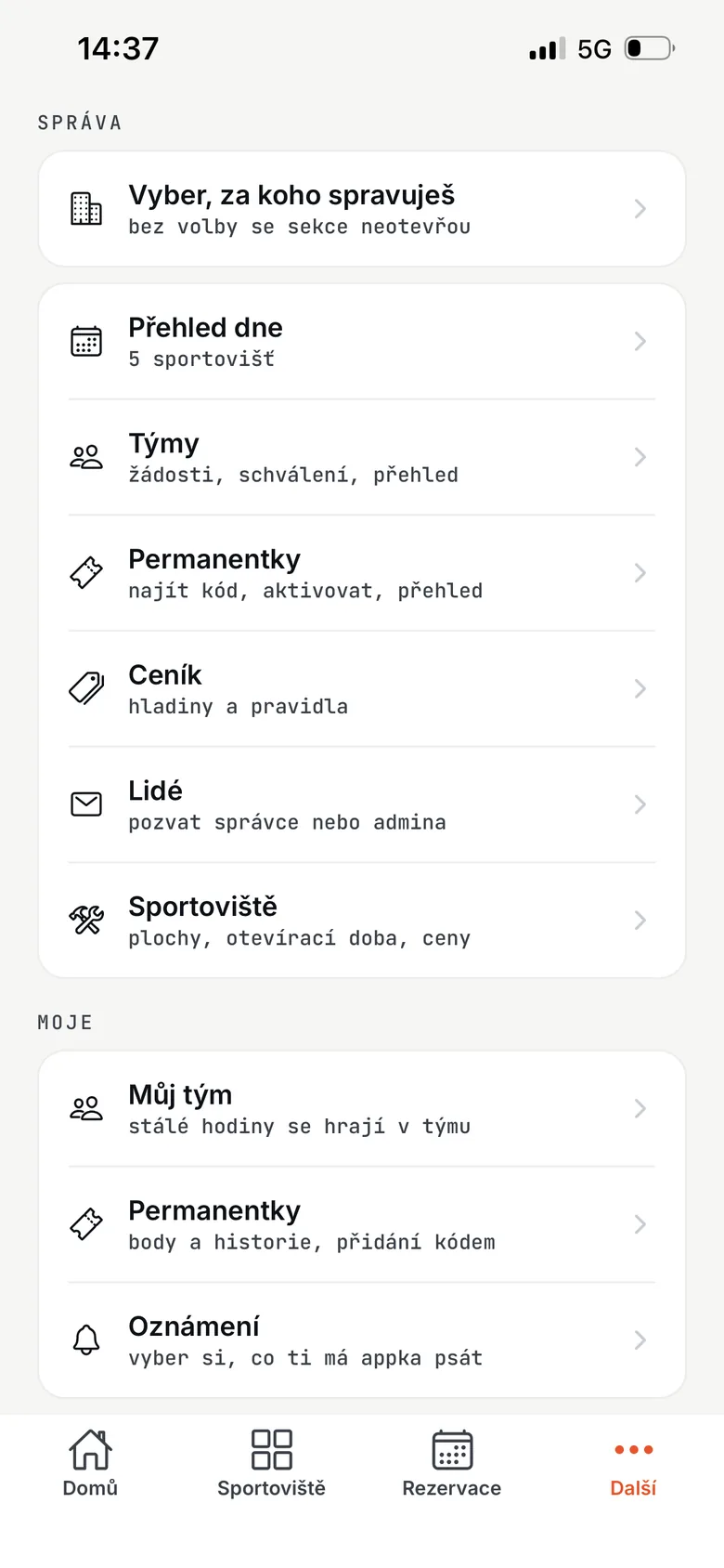 Rozcestník správy sportoviště v mobilní aplikaci